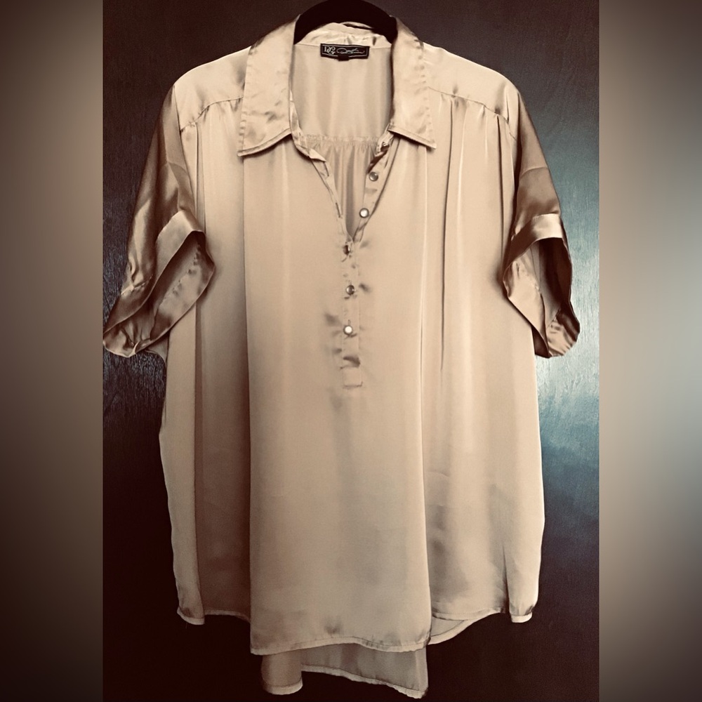 DG2 by Diane Gilman Satin Short Sleeve Button-Front Blouse in Camel